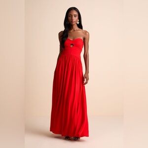 Lulus Red Pleated Strapless Cutout Maxi Dress Gown - Large